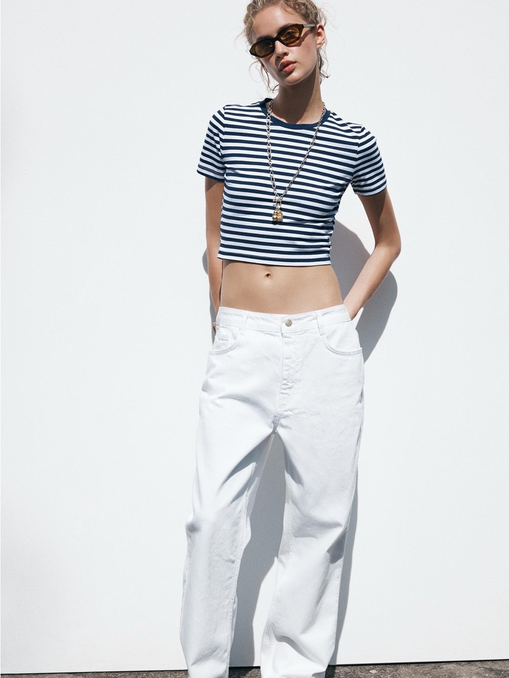 Zara Navy and White Striped Crop T-Shirt